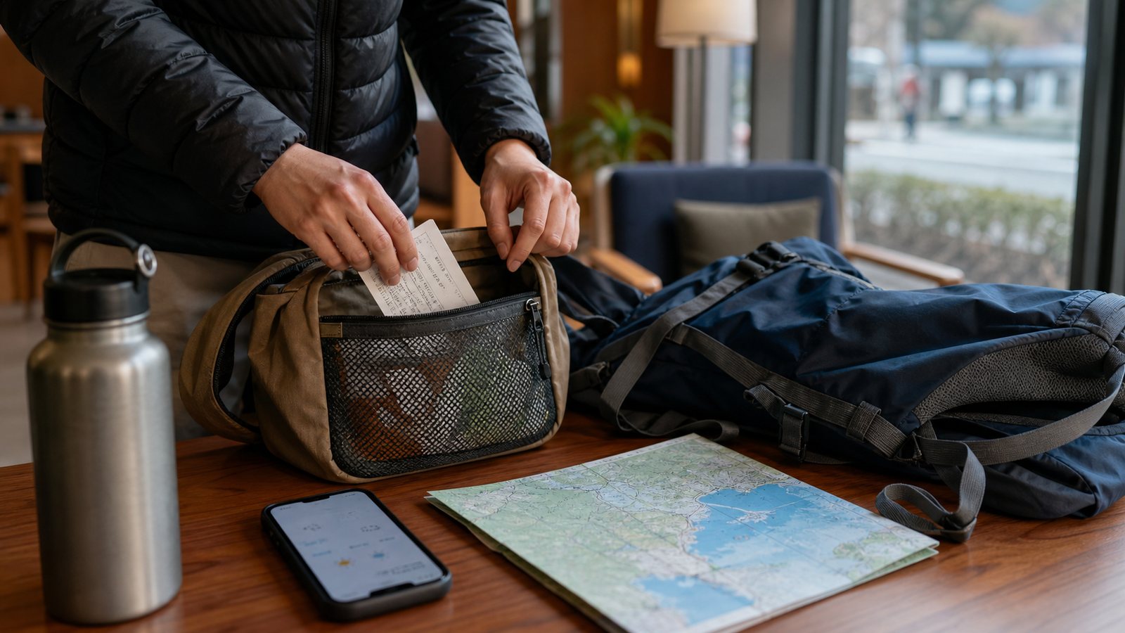 Day bag, map, bottle, and travel items arranged for the first hour around Lake Kawaguchiko