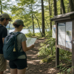 Travelers checking a forest trail notice near Lake Kawaguchiko with bear bells on their backpacks