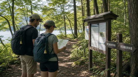 Travelers checking a forest trail notice near Lake Kawaguchiko with bear bells on their backpacks