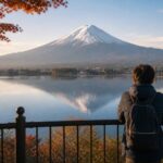 Traveler looking at Mt. Fuji from a Lake Kawaguchiko viewpoint in morning light