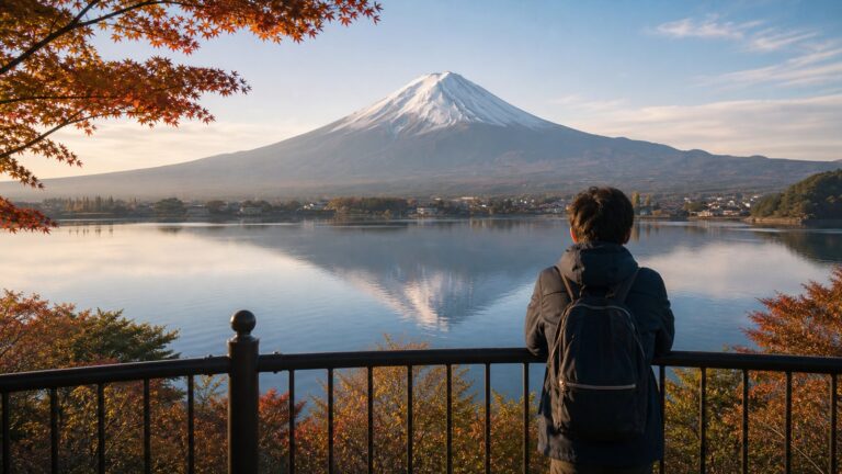 Traveler looking at Mt. Fuji from a Kawaguchiko viewpoint