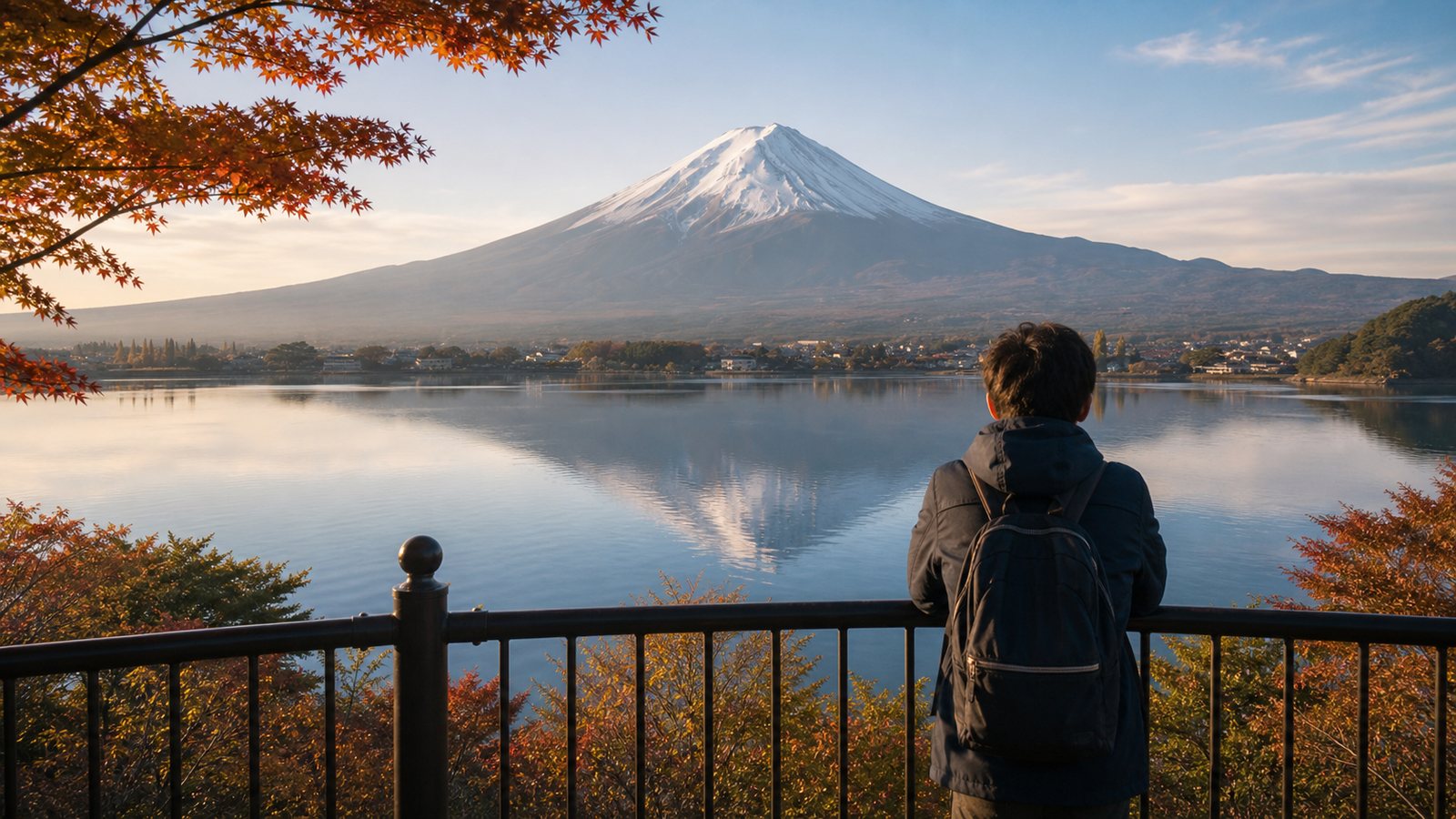 Traveler looking at Mt. Fuji from a Lake Kawaguchiko viewpoint in morning light