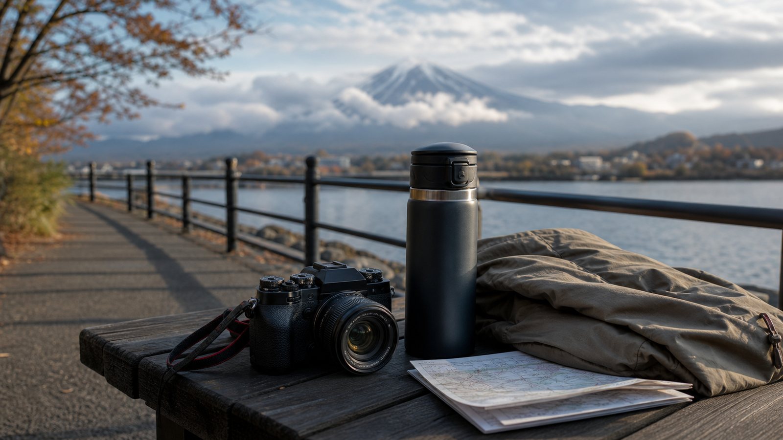 Camera and travel items on a bench overlooking Lake Kawaguchiko and Mt. Fuji