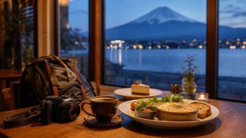 Cafe table near Lake Kawaguchiko with food and Mt. Fuji visible at blue hour