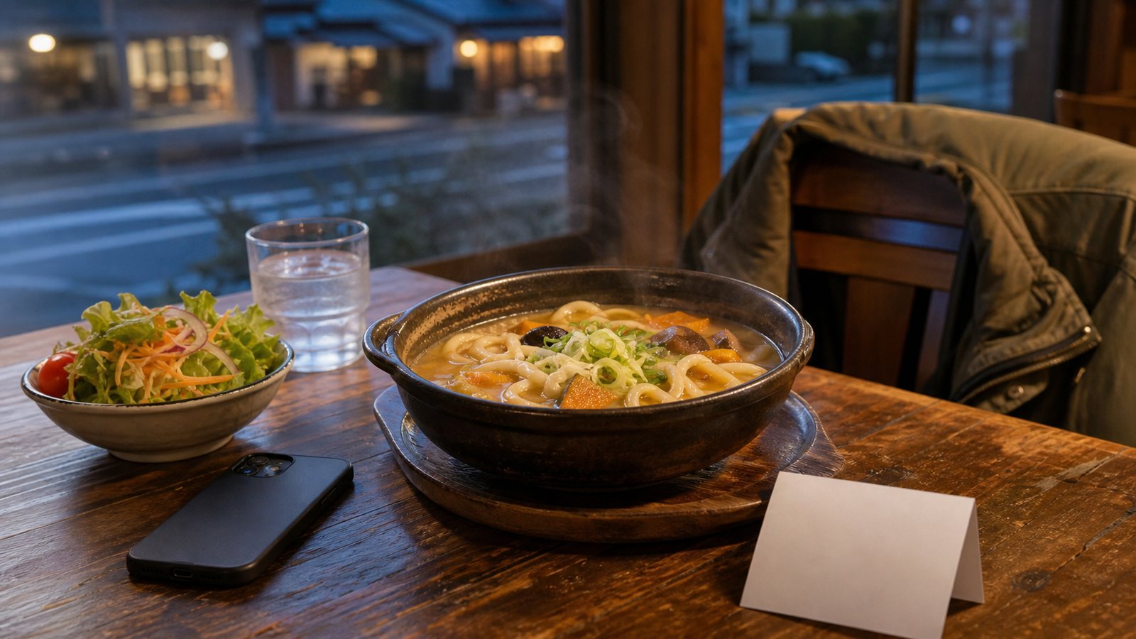 Warm noodle bowl and travel items on a casual restaurant table near Lake Kawaguchiko