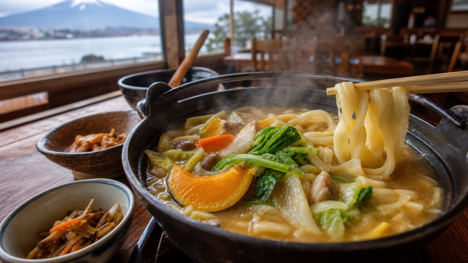 Steaming Yamanashi hoto noodles in a Kawaguchiko restaurant with Mt. Fuji beyond the window