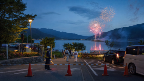 Lake Kawaguchiko fireworks behind a controlled lakeside parking entrance