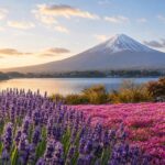 Seasonal flower beds by Lake Kawaguchiko with Mt. Fuji in view