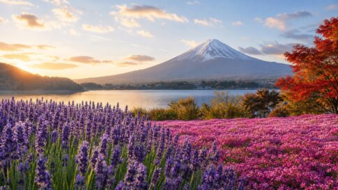 Seasonal flower beds by Lake Kawaguchiko with Mt. Fuji in view