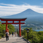 Red torii staircase and ropeway view toward snow-free Mount Fuji above Lake Kawaguchiko
