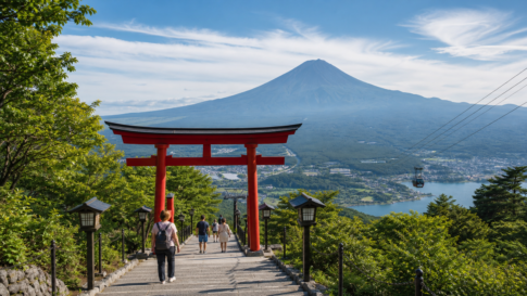 Red torii staircase and ropeway view toward snow-free Mount Fuji above Lake Kawaguchiko