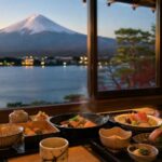 Ryokan dinner by a window with Lake Kawaguchiko and Mt. Fuji outside