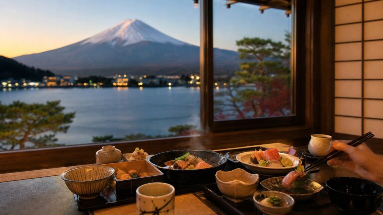 Ryokan dinner by a window overlooking Lake Kawaguchiko