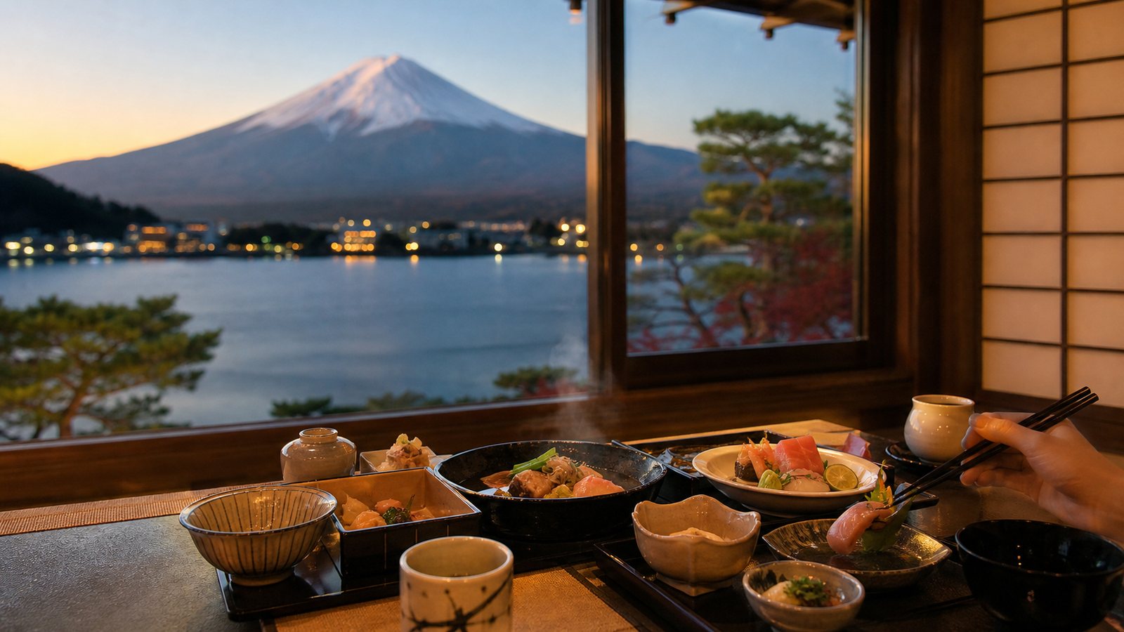 Ryokan dinner by a window with Lake Kawaguchiko and Mt. Fuji outside