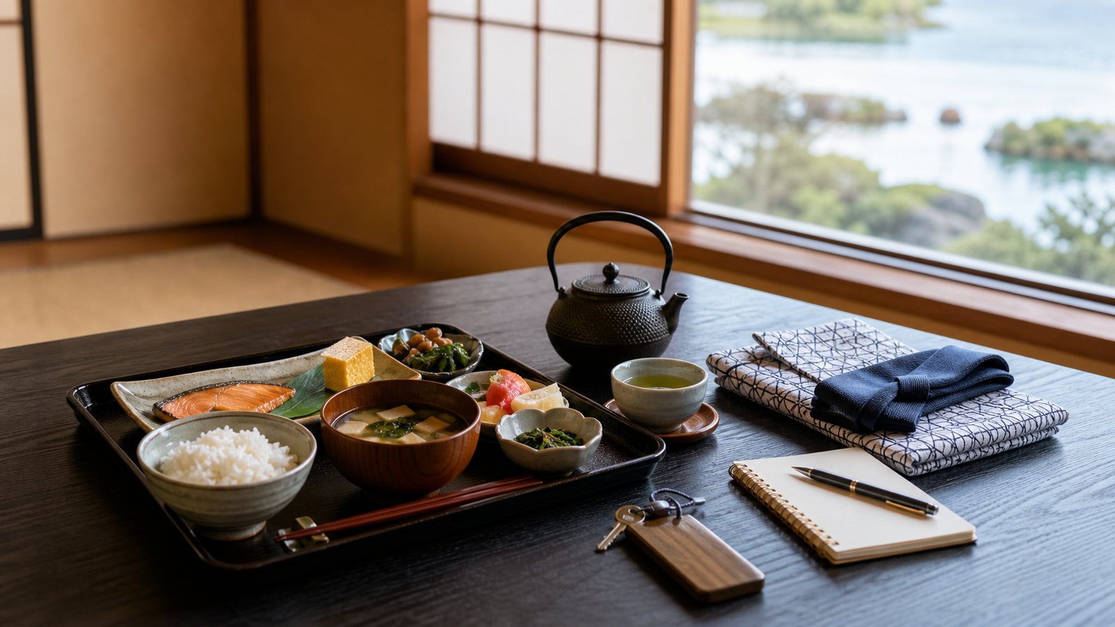 Ryokan breakfast tray, tea, and folded yukata in soft morning light