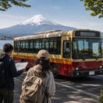 Sightseeing bus near Lake Kawaguchiko with Mt. Fuji in the background