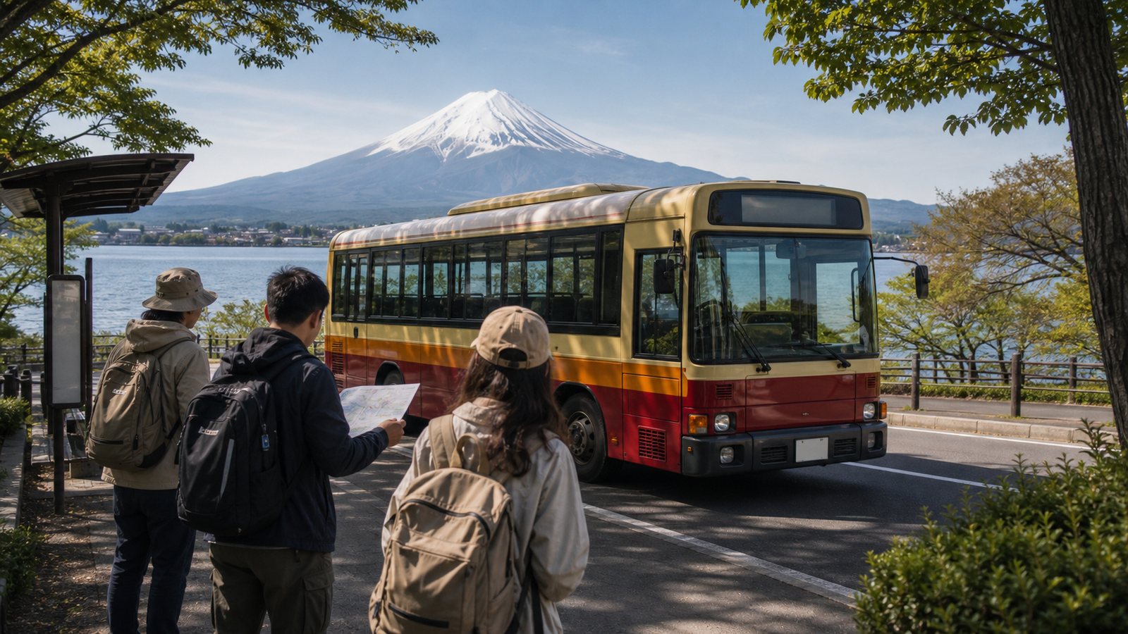 Sightseeing bus near Lake Kawaguchiko with Mt. Fuji in the background
