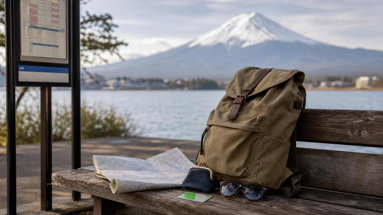Daypack and route items on a bench near a Lake Kawaguchiko bus stop
