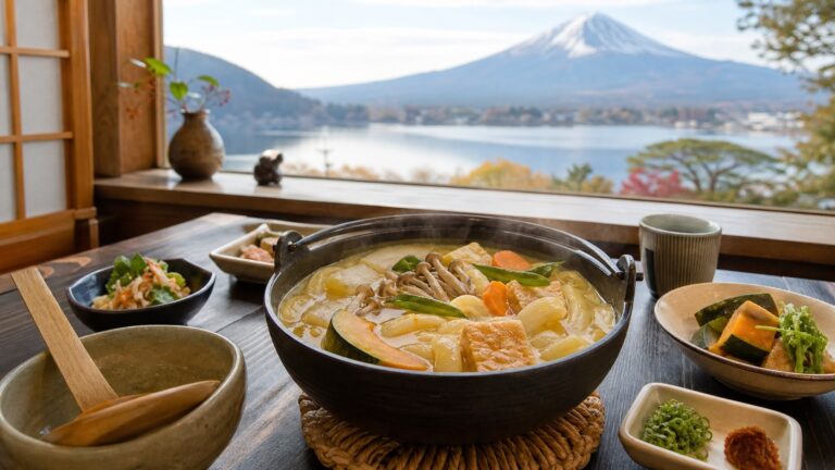Local food around Lake Kawaguchiko with Mt. Fuji scenery
