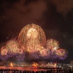 Fireworks lighting up a waterfront skyline for Kawaguchiko Fireworks 2026: July Opening Festival and August Lake Festival Travel Notes