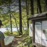 Hikers reading a trail information board before a mountain route closure