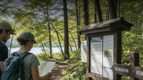 Hikers reading a trail information board before a mountain route closure