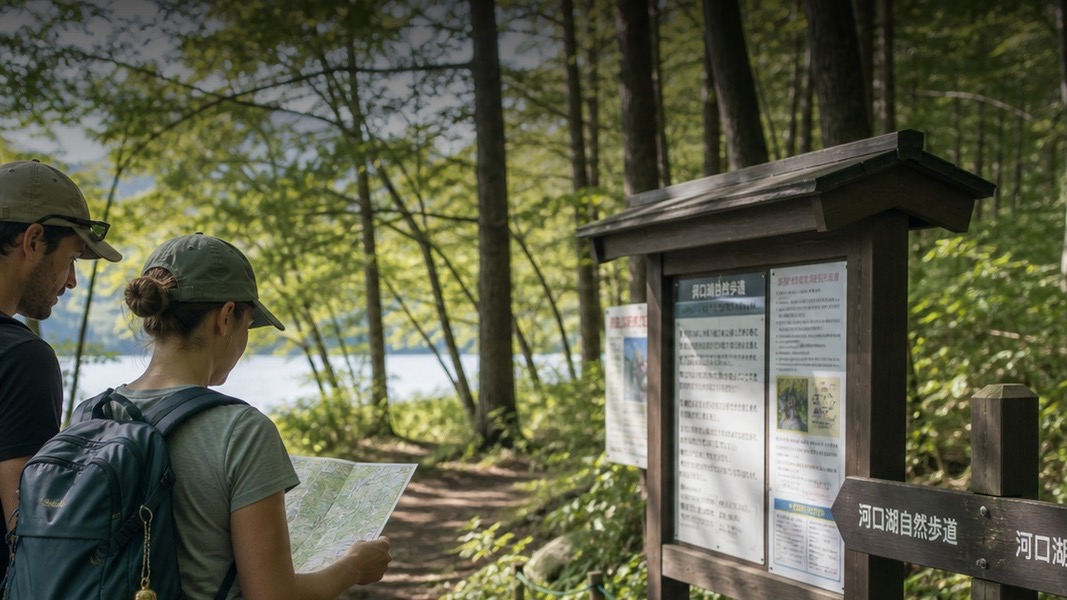 Hikers reading a trail information board before a mountain route closure
