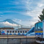 Fujikyu Railway trains with Mount Fuji behind them for a 5th Station free pass update