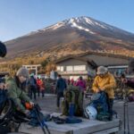 Travelers preparing for a guided walk at the Mt. Fuji 5th Station on the Yoshida side
