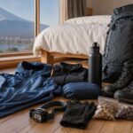 Mt. Fuji climbing gear laid out in a guest room before departure