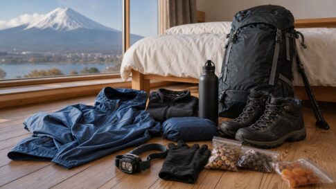 Mt. Fuji climbing gear laid out in a guest room before departure