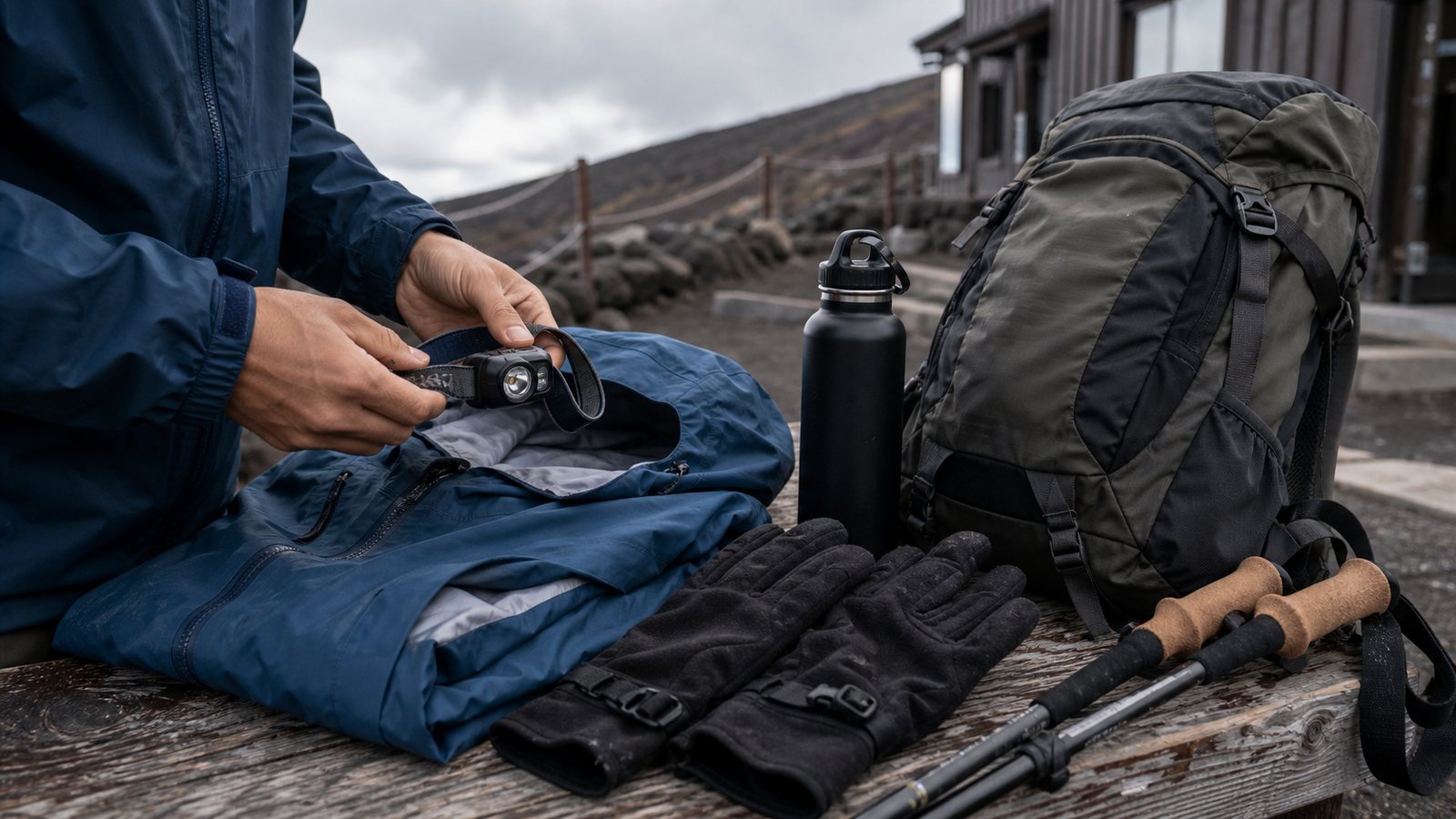 Hands checking rain gear, headlamp, gloves, and backpack before a Mt. Fuji climb