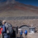 Hikers near a Mount Fuji support station for an emergency contacts update