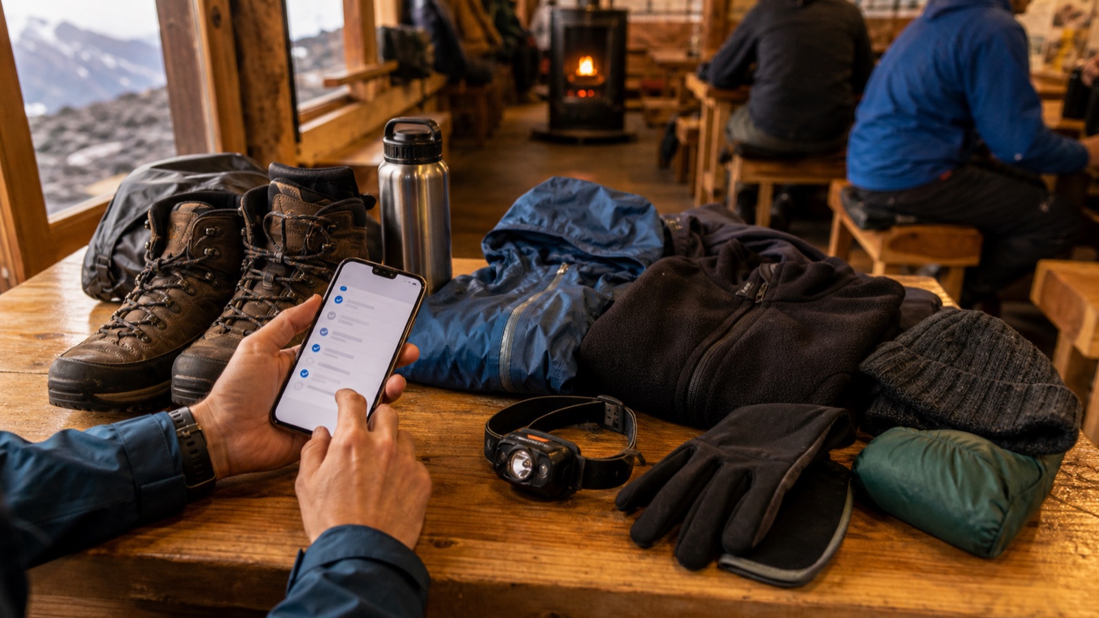 Climber checking Mt. Fuji mountain hut reservation and gear before an overnight climb