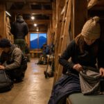 Travelers organizing gear quietly inside a simple Mt. Fuji mountain hut