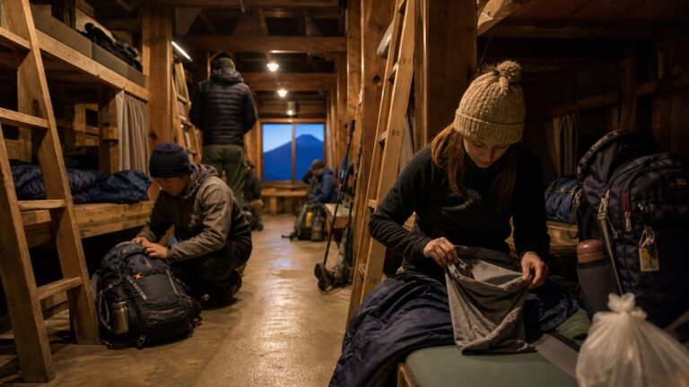 Travelers organizing gear inside a simple Mt. Fuji mountain hut