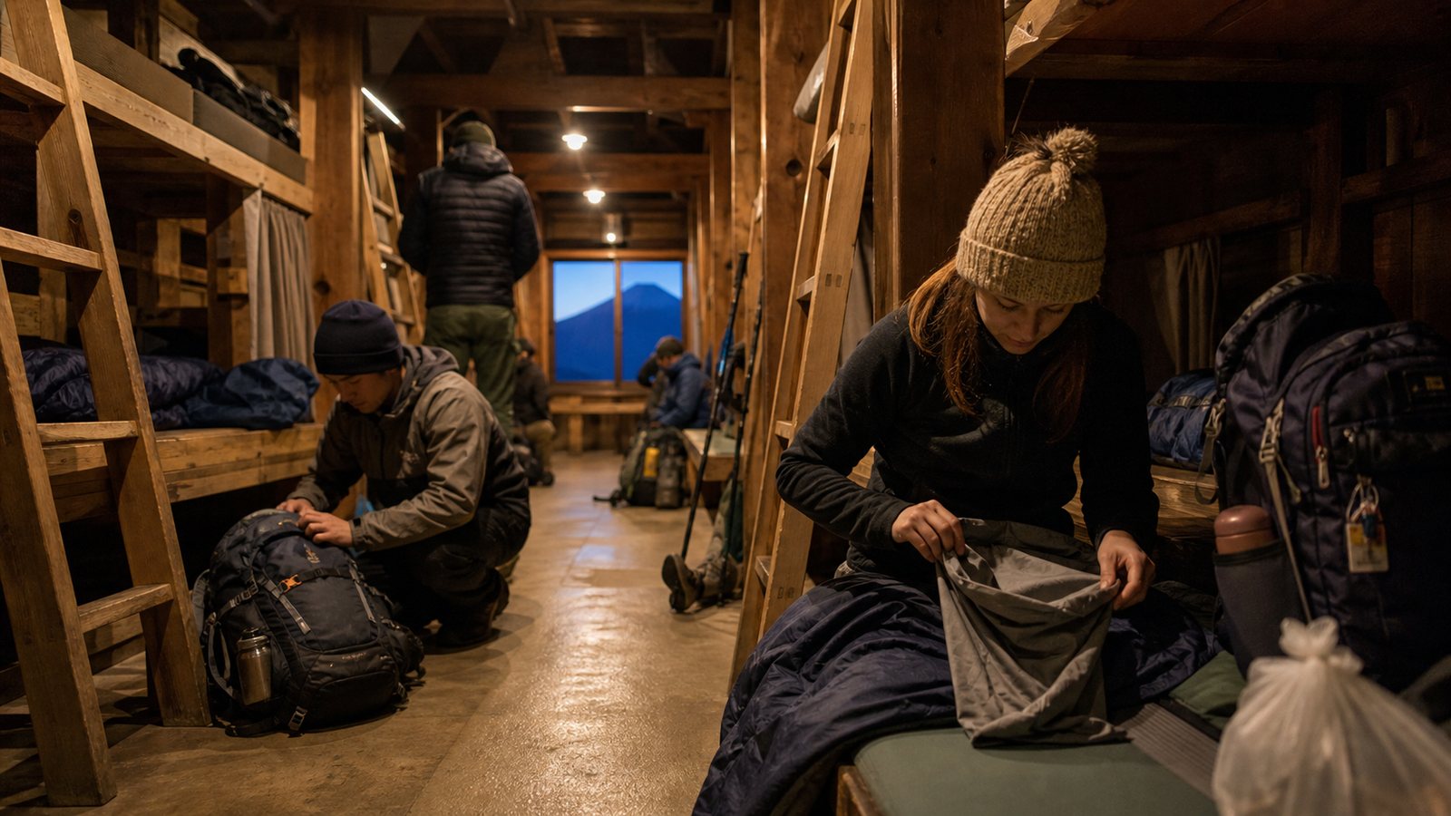 Travelers organizing gear quietly inside a simple Mt. Fuji mountain hut
