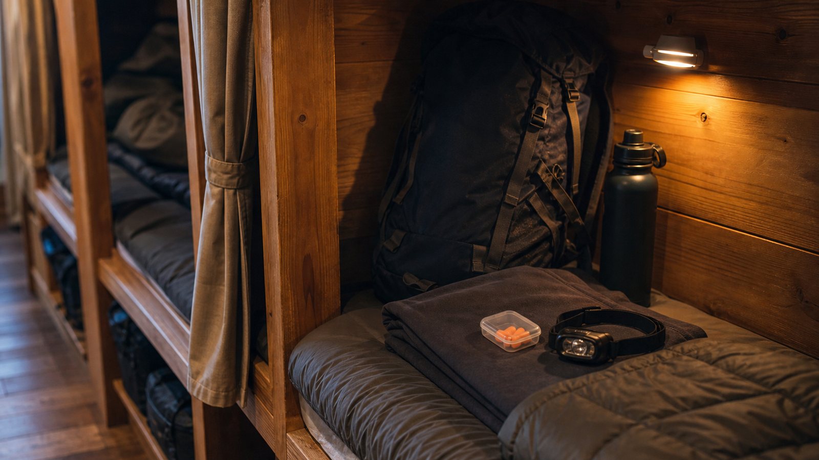 Headlamp, liner, earplugs, and backpack in a compact Mt. Fuji hut sleeping space