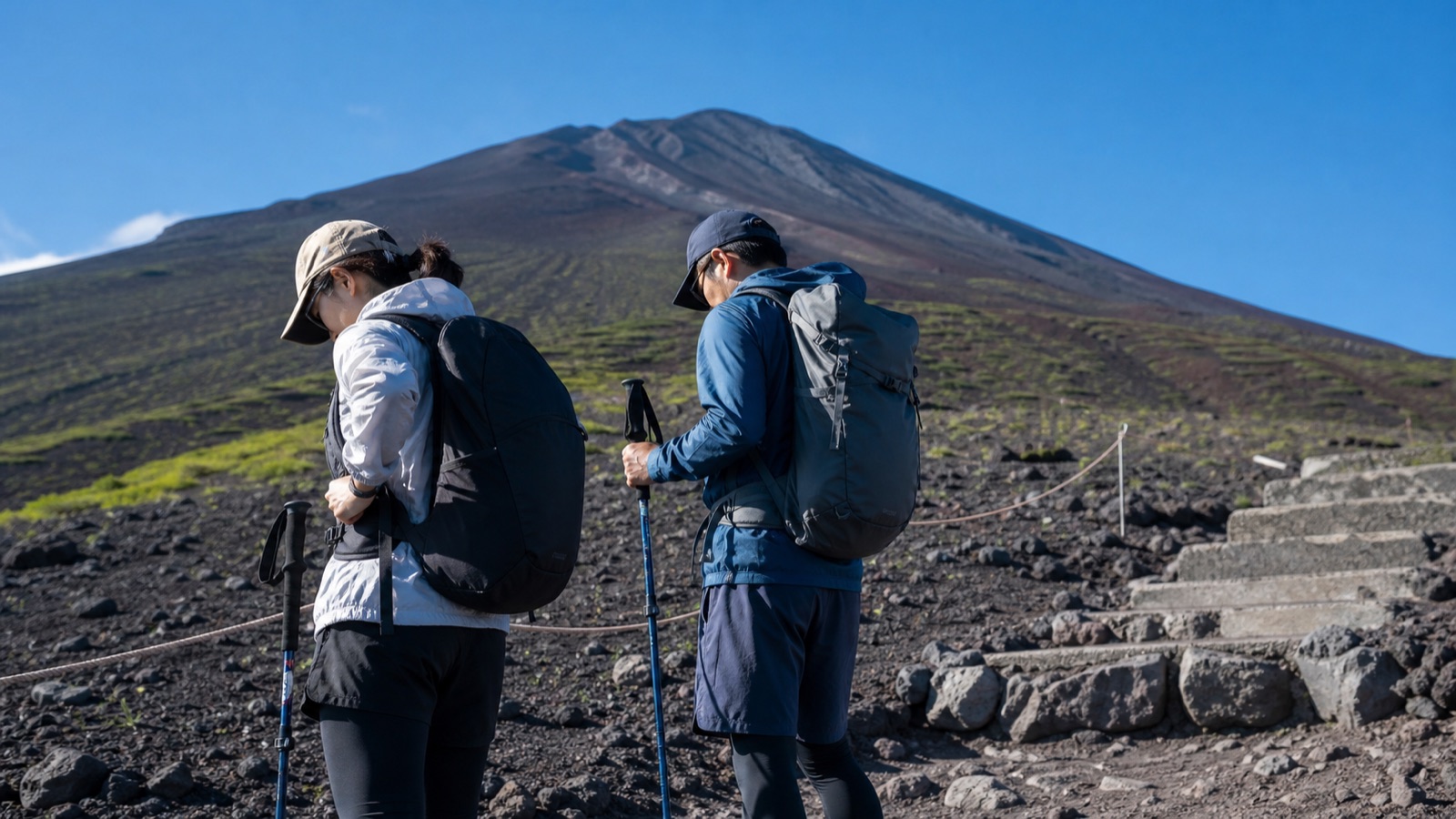 Hikers preparing on a Mt. Fuji volcanic trail before the 2026 climbing season route opens