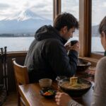 Hikers resting with warm food near Lake Kawaguchiko after climbing Mt. Fuji