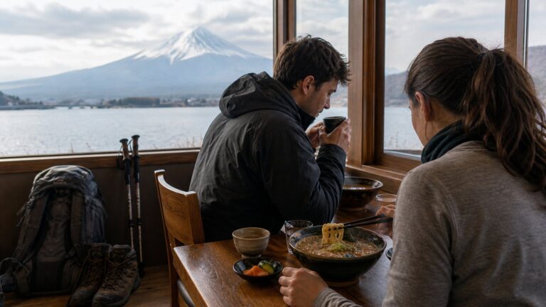 Travelers resting with warm food after climbing Mt. Fuji