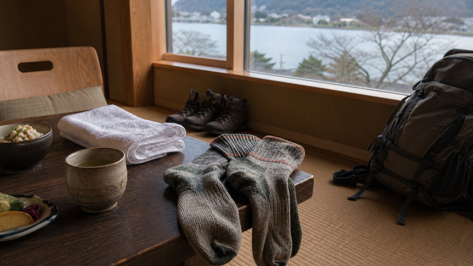 Tea, towel, hiking socks, and recovery items in a quiet lakeside inn room