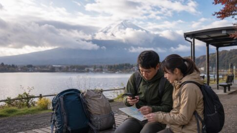 Travelers checking weather and route information beside Lake Kawaguchiko with Mt. Fuji behind clouds