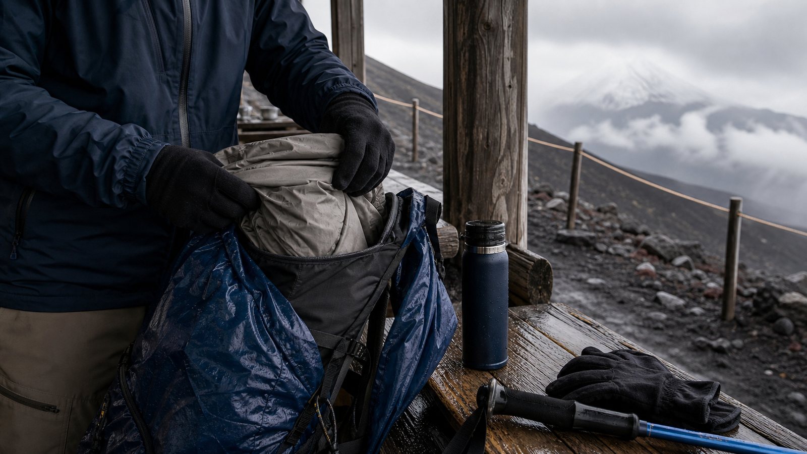 Gloved hands packing rain gear in a sheltered Mt. Fuji trail rest area