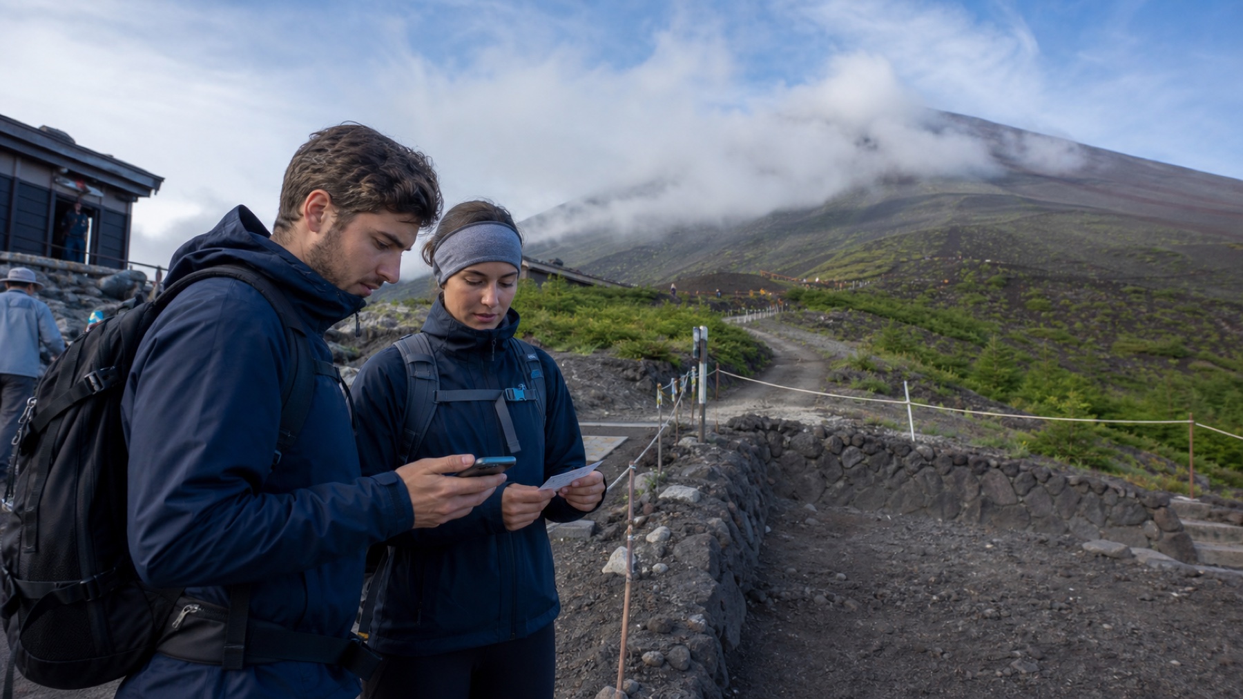 Travelers checking Mt. Fuji Yoshida Trail access information near a trail entrance