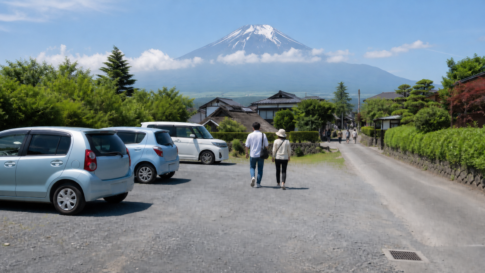 Travelers walking from a village parking area with Mount Fuji in the background