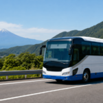 An unbranded highway coach traveling toward Mount Fuji