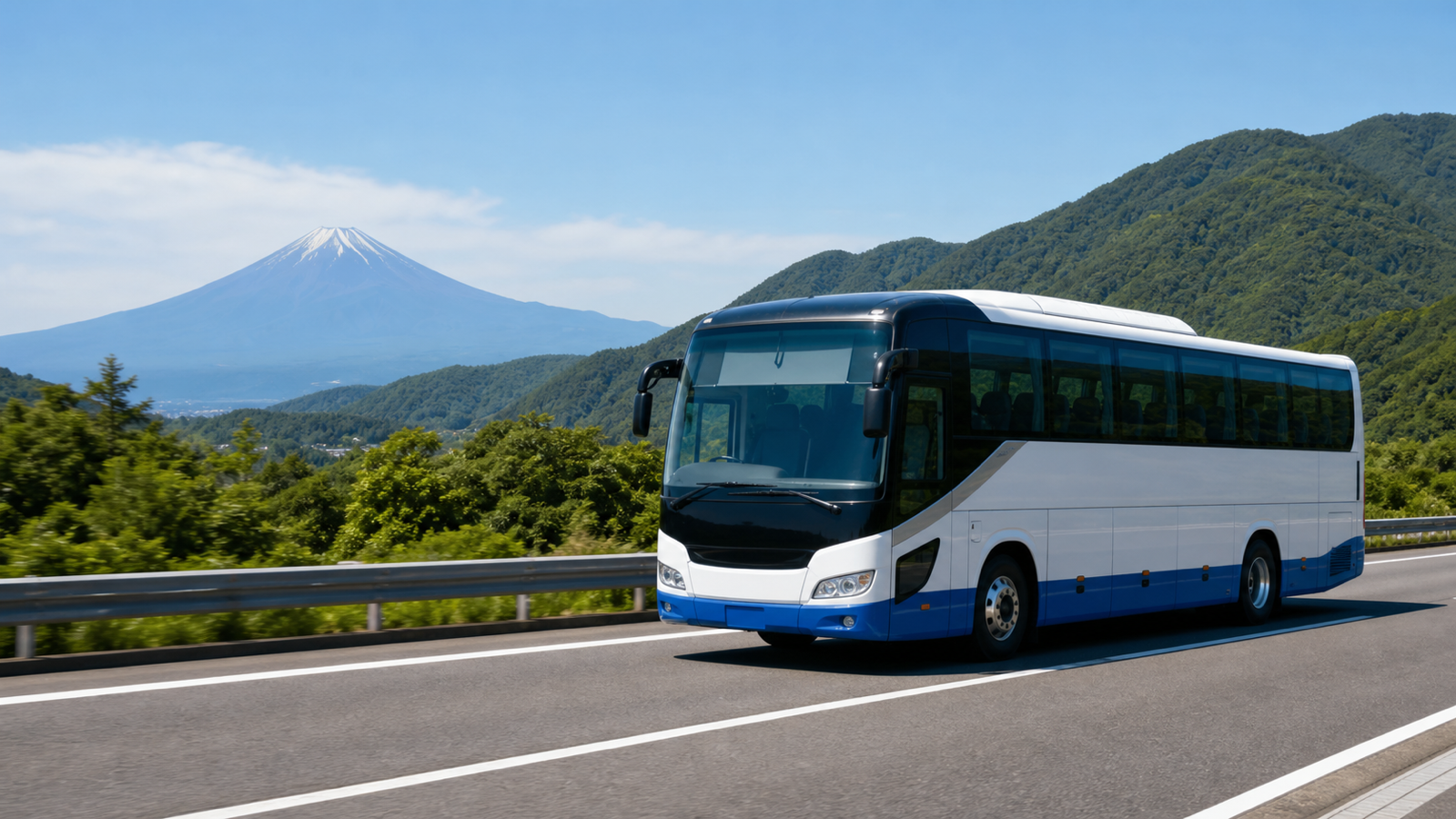 An unbranded highway coach traveling toward Mount Fuji