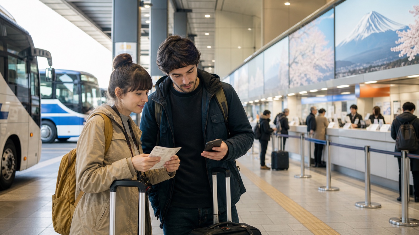 Travelers checking Tokyo to Kawaguchiko highway bus and train plans
