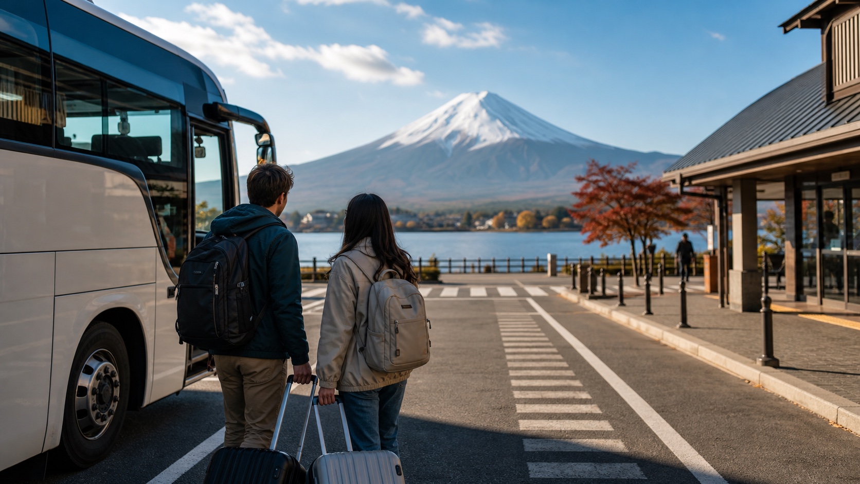 Travelers arriving by highway bus near Lake Kawaguchiko with Mt. Fuji in view